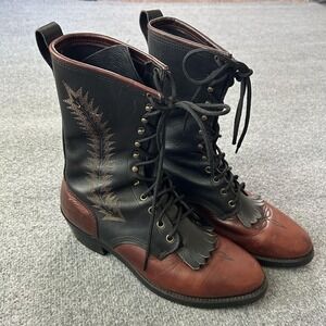 Vintage Lace Up Leather Boots Red Black Kiltie Western Packer Style Mens 8?